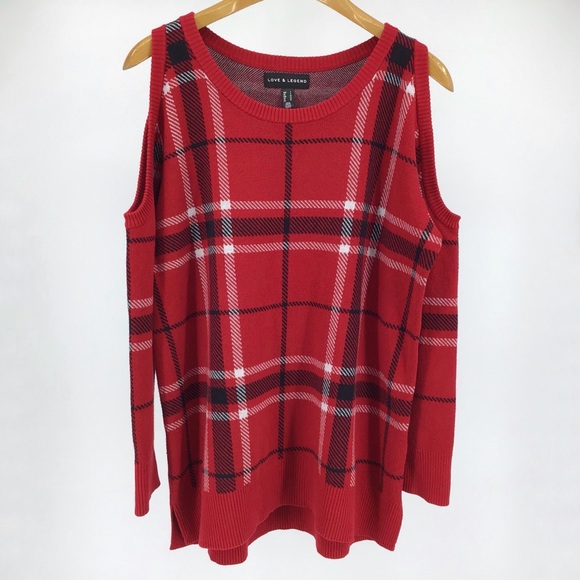 Love & Legend Red Tartan Cold Shoulder Sweater, 0X - Picture 10 of 16